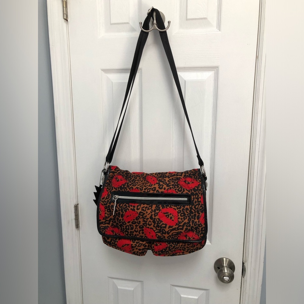 Betsey Johnson Betseyville Leopard Print Lip Crossbody Messenger Bag